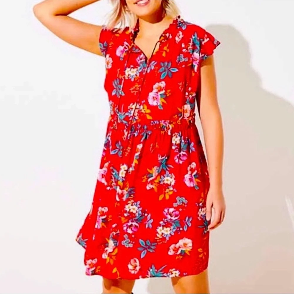 Loft red floral dress with pockets oversized xs - Picture 1 of 11